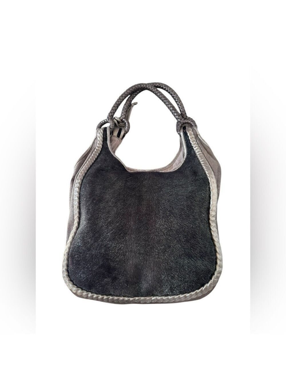 Elie Tahari fur and soft pewter metallic leather braided double handle hobo bag